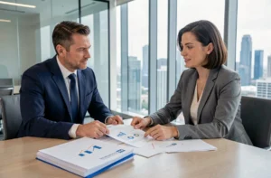Deux professionnels de l'immobilier examinant des documents contractuels lors d'une réunion en bureau moderne, signaux de fiabilité d'un partenaire immobilier