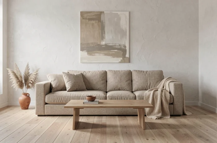 Salon moderne de style scandinave avec canapé en lin, table basse en chêne et décoration épurée dans des tons neutres chauds