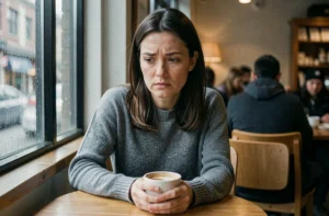 Femme seule dans un café avec une expression émotionnellement distante, illustrant les signes du comportement froid et distant d'un glaçon