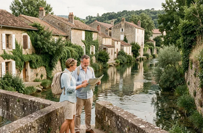 Couple en vacances de slow tourisme sur un pont de pierre dans un village français tranquille