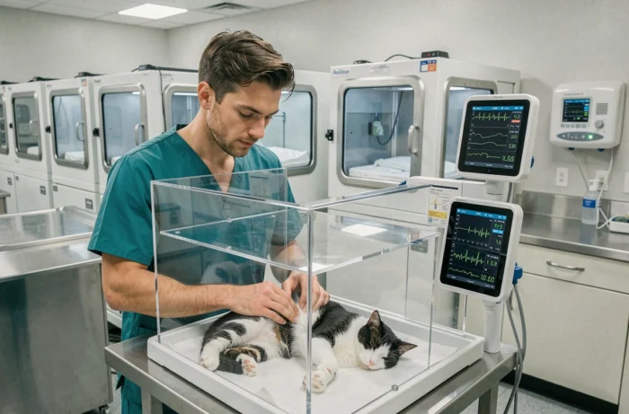 Technicien vétérinaire surveillant un chat en convalescence dans une unité de soins intensifs vétérinaires équipée de moniteurs numériques