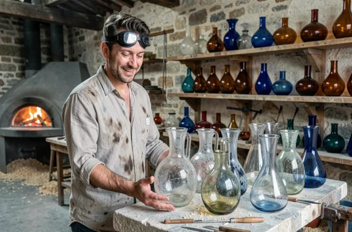Souffleur de verre provençal présentant ses carafes artisanales dans un atelier de verrerie traditionnelle