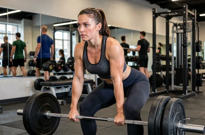 Femme française pratiquant la musculation dans une salle de sport moderne