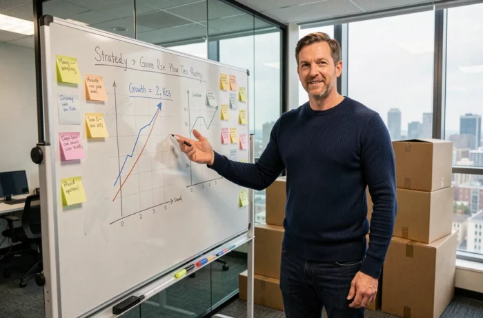 Homme d'affaires présentant une stratégie de croissance pour booster une entreprise en ligne sur un tableau blanc dans un bureau de startup