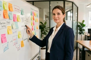 Femme professionnelle présentant une stratégie marketing sur un tableau blanc dans un bureau moderne