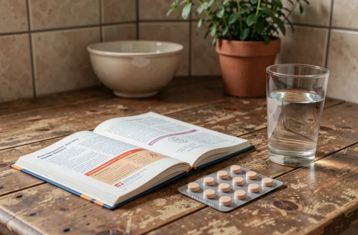 Table de cuisine familiale avec guide de premiers secours et blister de pastilles, contexte de prévention santé enfant