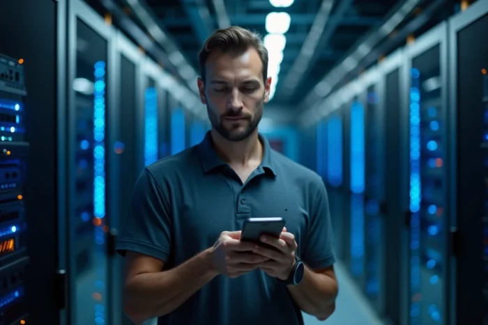Technicien informatique hospitalier vérifiant un code d'authentification à double facteur sur smartphone dans une salle serveur APHP