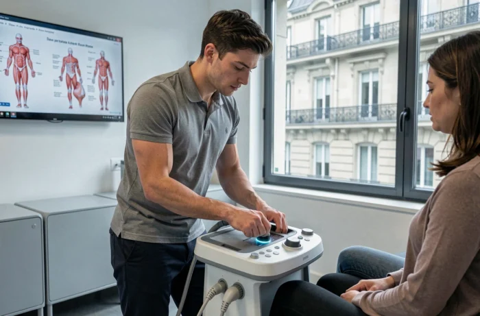 Physiothérapeute utilisant un appareil d'échographie thérapeutique sur le genou d'une patiente dans une clinique high-tech à Paris