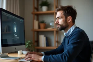 Homme utilisant un ordinateur pour télécharger des fichiers via un site d'index en ligne