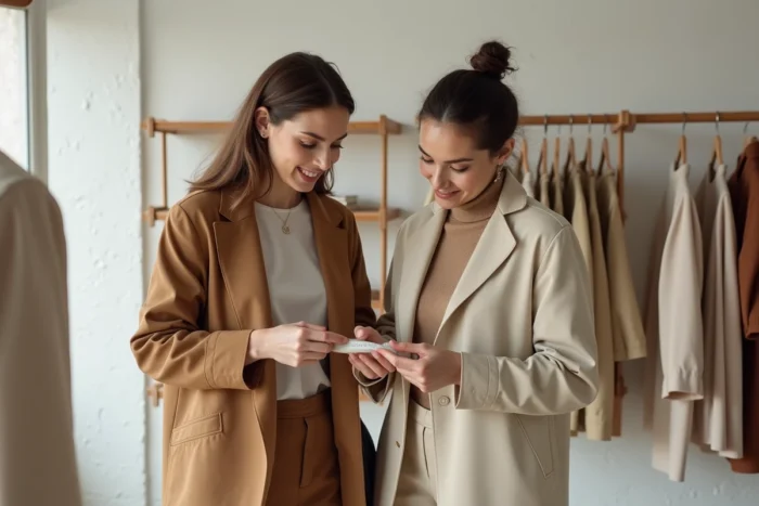 Deux femmes examinant l'étiquette d'une veste en Tencel et polyester recyclé dans un concept store de mode durable au design minimaliste