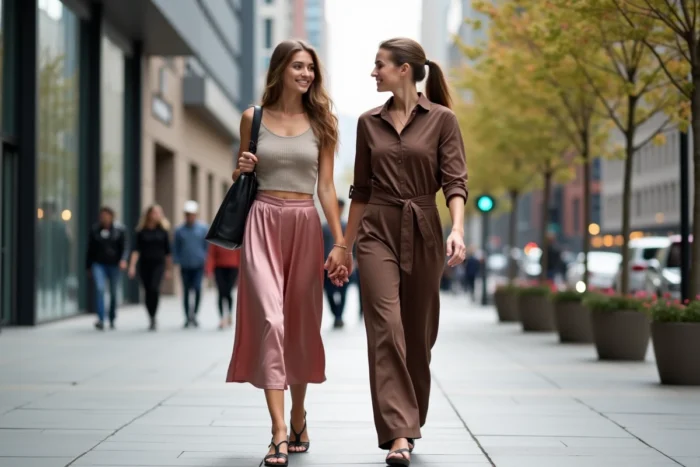 Deux femmes aux tenues tendance saison marchant dans une rue commerçante moderne, looks complémentaires satin et monochrome