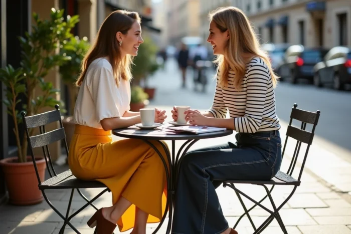 Deux femmes tendance discutant en terrasse de café, tenues mode saisonnières incontournables printemps-été