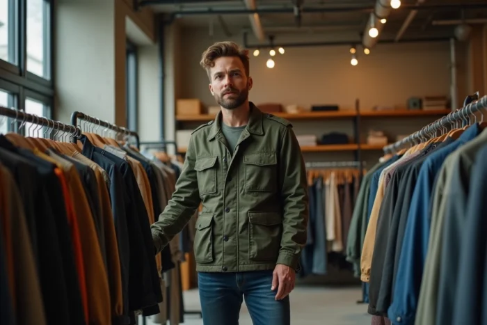 Homme en veste utility kaki explorant un concept store de mode tendance, look masculin contemporain saison actuelle
