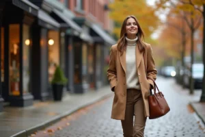 Femme élégante en manteau camel et bottines en cuir dans une rue pavée parisienne, tendances mode automne-hiver