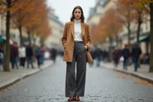 Femme élégante en blazer camel oversize et pantalon large dans une rue pavée parisienne, tendances mode automne-hiver