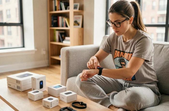 Femme testant une smartwatch connectée dans un appartement moderne, actualités tech et tests produits