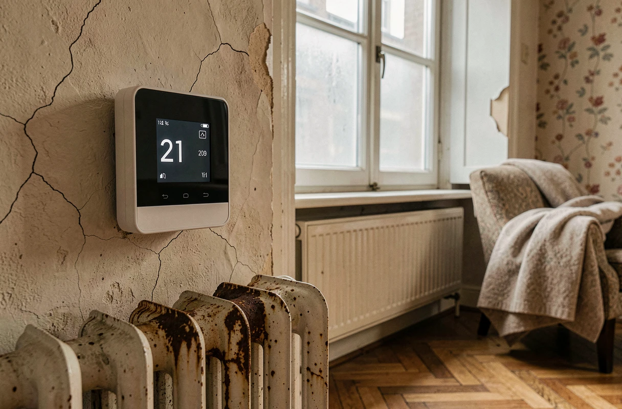 Thermostat numérique réglé à 21 degrés face à un vieux radiateur en fonte rouillé dans un appartement bruxellois insuffisamment chauffé