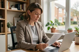 Femme travaillant à domicile tout en étant au chômage, révisant des documents administratifs sur son bureau