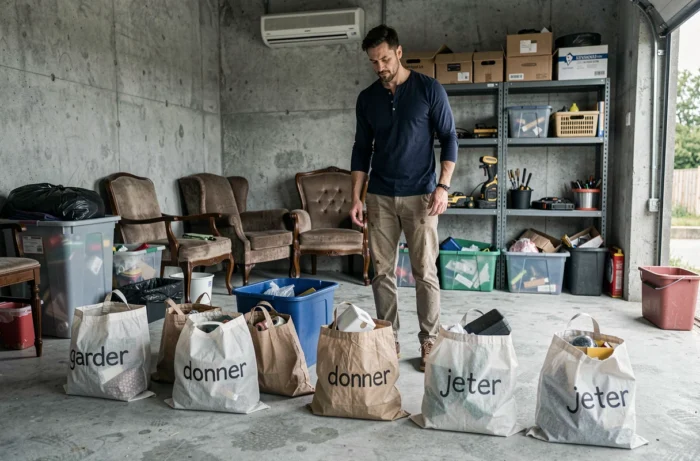 Homme triant des objets dans un garage pour vider son logement efficacement