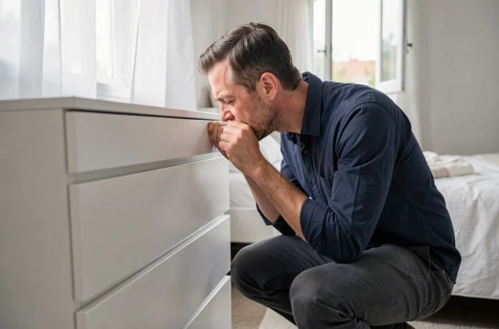 Homme vérifiant les odeurs d'un meuble Ikea assemblé dans une chambre avec fenêtre entrouverte