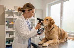 Vétérinaire femme examinant un golden retriever avec un équipement numérique moderne dans une clinique vétérinaire contemporaine