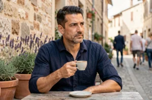 Homme aux origines méditerranéennes assis dans un café de village français, ambiance authentique et détendue illustrant la vie privée d'Anthony Favalli