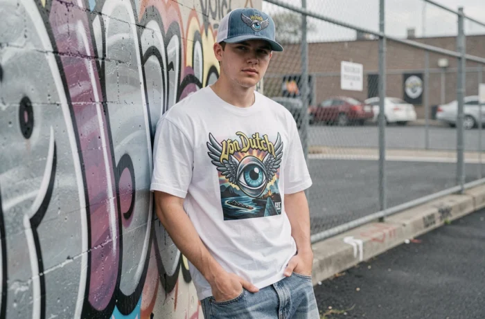Jeune homme portant une casquette trucker Von Dutch en denim avec logo brodé, style streetwear années 2000