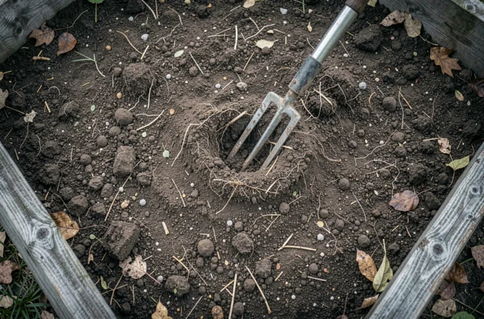 Vue aérienne d'un sol de jardin fraîchement retourné avec une fourche bêche, révélant une terre riche et des débris organiques
