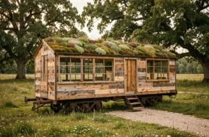 Wagon de train reconverti en maison écologique avec toit végétalisé et bardage en bois recyclé, posé dans une prairie verdoyante à la campagne
