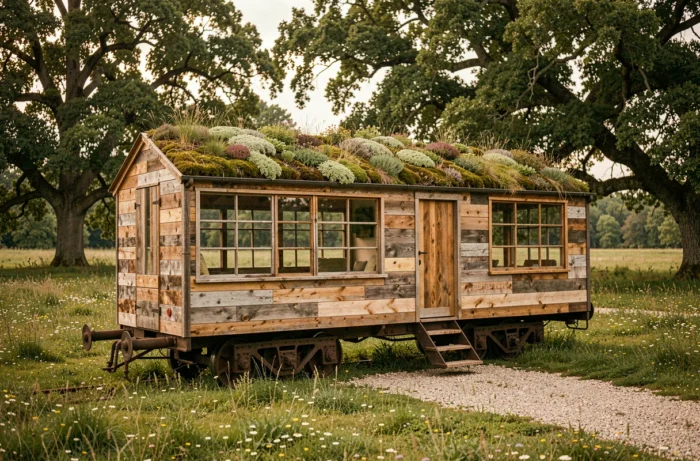 Wagon de train reconverti en maison écologique avec toit végétalisé et bardage en bois recyclé, posé dans une prairie verdoyante à la campagne