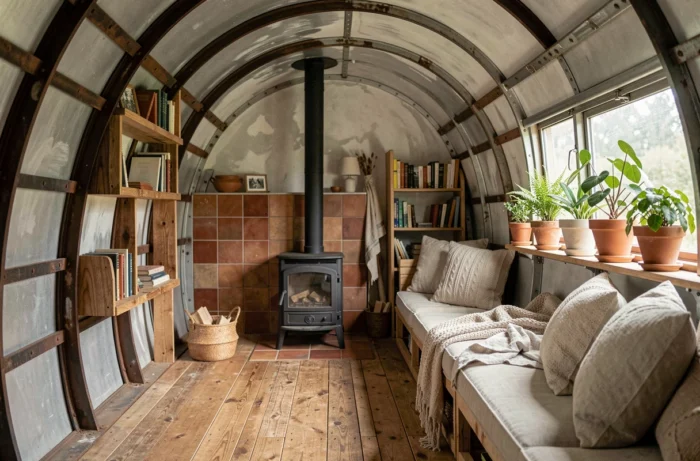 Intérieur chaleureux d'un wagon reconverti en habitation écologique avec poêle à bois, plancher en chêne recyclé et structure métallique apparente